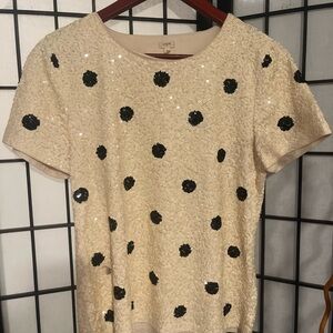 J. Crew Cream and Black Sequin Dot Tee